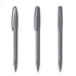 A grey plastic pen with a smooth design and chrome tip, featuring a clip and a logo.