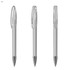 Three transparent plastic pens in grey and black, featuring a clear casing and retractable design.