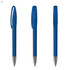 A set of transparent blue plastic pens with a clip and silver tips, featuring branding on the barrel.