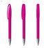 A pink plastic pen featuring a clear cap and a silver tip, capturing multiple angles. It has a logo.