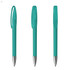 A set of turquoise plastic pens with silver tips and transparent caps, featuring a logo on the side.