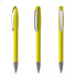 Three yellow plastic pens with a silver clip, featuring a sleek design and a glossy finish.