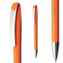 An orange plastic pen with a silver clip and trim, featuring a branding logo.