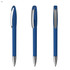 A blue plastic pen with a transparent cap and silver accents, displayed from three angles.