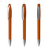An orange plastic pen with a silver clip, displayed from three angles, features a sleek design.