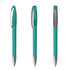 A teal plastic pen with a silver clip and tip, featuring a sleek design and branding on the side.