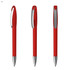 A bright red plastic pen with a silver clip and tip, displayed from three different angles.
