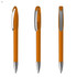 An orange plastic pen with a silver clip, displayed from three angles, featuring a sleek design.
