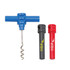 A drink bottle opener set featuring a blue corkscrew and two coloured handles in black and red, each with a logo.