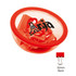 A clear container with a red lid holds six red binder clips inside. The container features a logo.