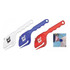 A set of three plastic letter openers in white, blue, and red, each featuring a logo on the handle.