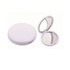 A round white compact mirror with a double-sided reflective surface. It features a branding logo on the exterior.
