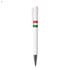 A white plastic pen with red and green stripes and a silver clip. It has a sleek design and a shiny tip.