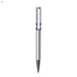 A silver plastic pen with a blue accent, featuring a sleek design and logo.