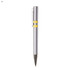 A silver plastic pen with yellow accents and a clip, featuring a sleek design and a simple logo.