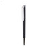 A black plastic pen with a silver tip and a contrasting white clip, featuring a logo on its surface.