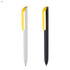 Two plastic pens, one white and one black, featuring yellow caps and accents. Both have a logo.