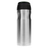 A drink bottle with a sleek stainless steel body and a black lid, featuring a logo.