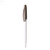 A plastic pen in white and brown, featuring a logo on the body.