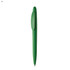 A green plastic pen with a streamlined design and a clip on the side, featuring a branding logo.