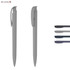 A plastic pen in various shades of grey, featuring a soft grip and a clip. The design is sleek with a subtle logo.