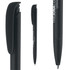 A black plastic pen with a soft grip, featuring a logo on the side. The design includes a curved cap.