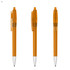 A set of three orange plastic pens with clear tops and silver accents, featuring a clip for easy attachment.