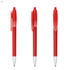 A set of three red plastic pens with a clear grip and chrome tips, featuring a branding logo.