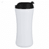 A travel mug with a sleek black lid and a smooth white body, featuring a logo on the surface.
