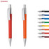 Two plastic pens, one orange and one red, alongside a selection of coloured pen tips. The pens feature a logo.