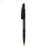 A black plastic pen with a retractable tip and a clip, featuring a simple design and a branding logo.