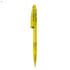 A bright yellow plastic pen with a transparent barrel and a retractable mechanism, featuring a logo.