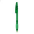 A green plastic pen with a click-top mechanism and a logo on the side.