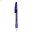 A purple plastic pen with a transparent body and a silver tip, featuring a clip and a branding logo.
