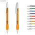 A plastic pen with an orange barrel and silver accents, alongside a range of other coloured pens with similar designs.