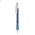 A blue plastic pen with a clear barrel and silver clip. It features a smooth grip for comfortable writing.