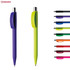 Two plastic pens in purple and green, alongside a variety of colourful pens in shades of blue, pink, orange, and black.