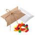 A pillow-shaped package with twine, beside a mix of colourful jelly lollies in various shapes.