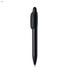A black plastic pen with a clip and a smooth, tapered design. It features a branding logo.