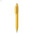 A yellow plastic pen with a rounded top and a clip on the side. It features a logo on the body.