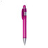 A pink plastic pen with a silver accent and a clip, featuring a transparent barrel.