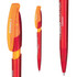 A plastic pen in red and orange with a transparent barrel and a removable cap, featuring a logo.