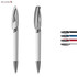 A white plastic pen featuring a chrome clip, alongside additional pens in blue, red, and black. The image includes branding.