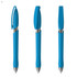 A blue plastic pen with a clip, featuring a smooth barrel and a silver tip, shown from multiple angles.