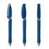 A blue plastic pen with a sleek design, featuring a clip and a shiny metal tip. It has a branding logo.