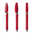 A red plastic pen with a sleek design, featuring a silver clip and tip. The pen is shown from three angles.