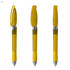 A set of three transparent yellow plastic pens with silver accents and clip tops. Each pen has a distinct angle.