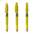A set of three transparent yellow plastic pens with clips and chrome accents. Each pen features a different angle.