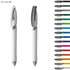 A plastic pen with a sleek white body and a silver clip, available in various vibrant colours on the side.