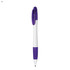 A purple and white plastic pen with a sleek design and a clip at the top, featuring a logo on the barrel.